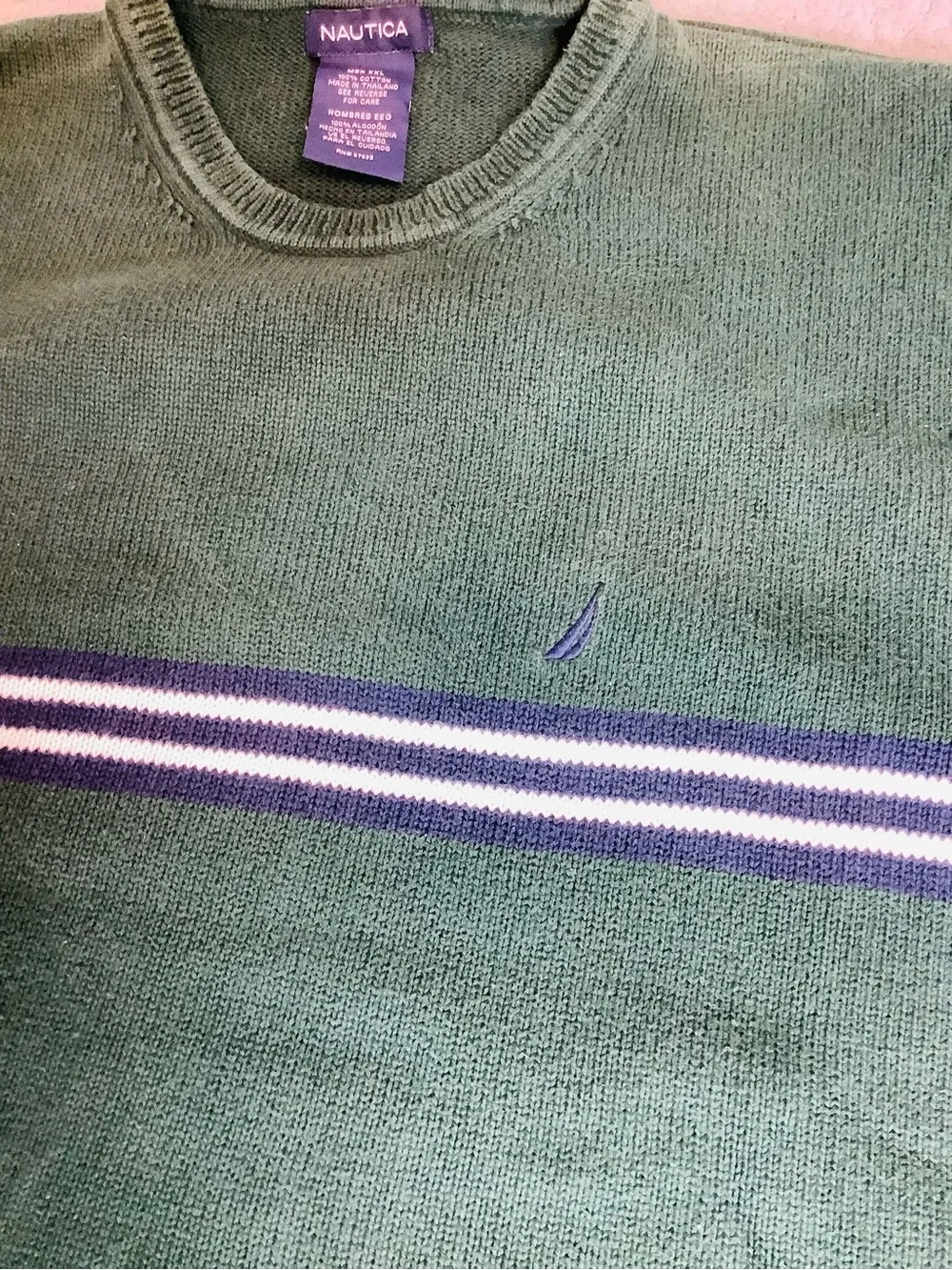 Nautica Forest Green Crewneck Sweater with Navy and White Stripes